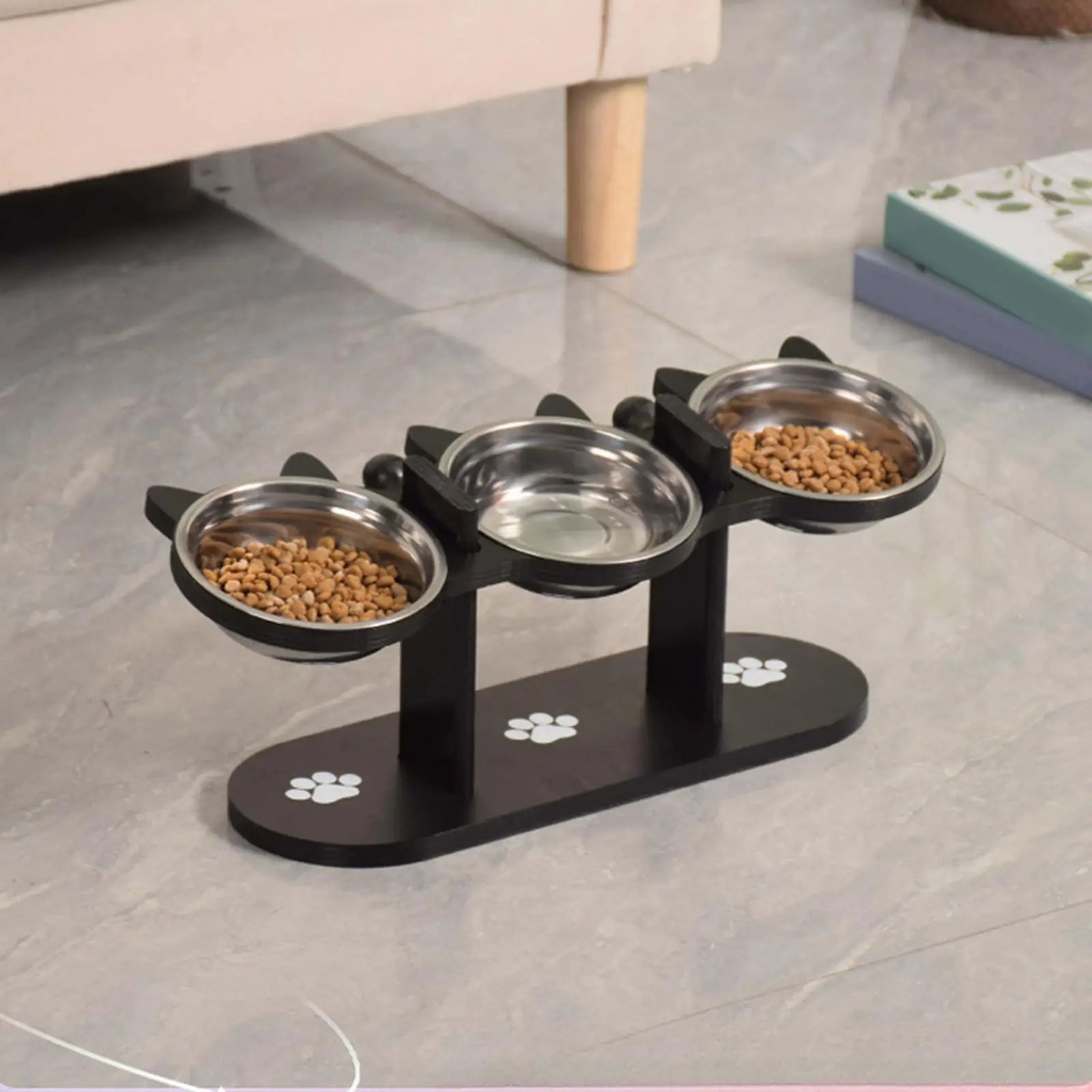 Elevated Cat Bowl with Black Wood Frame & Stainless Steel