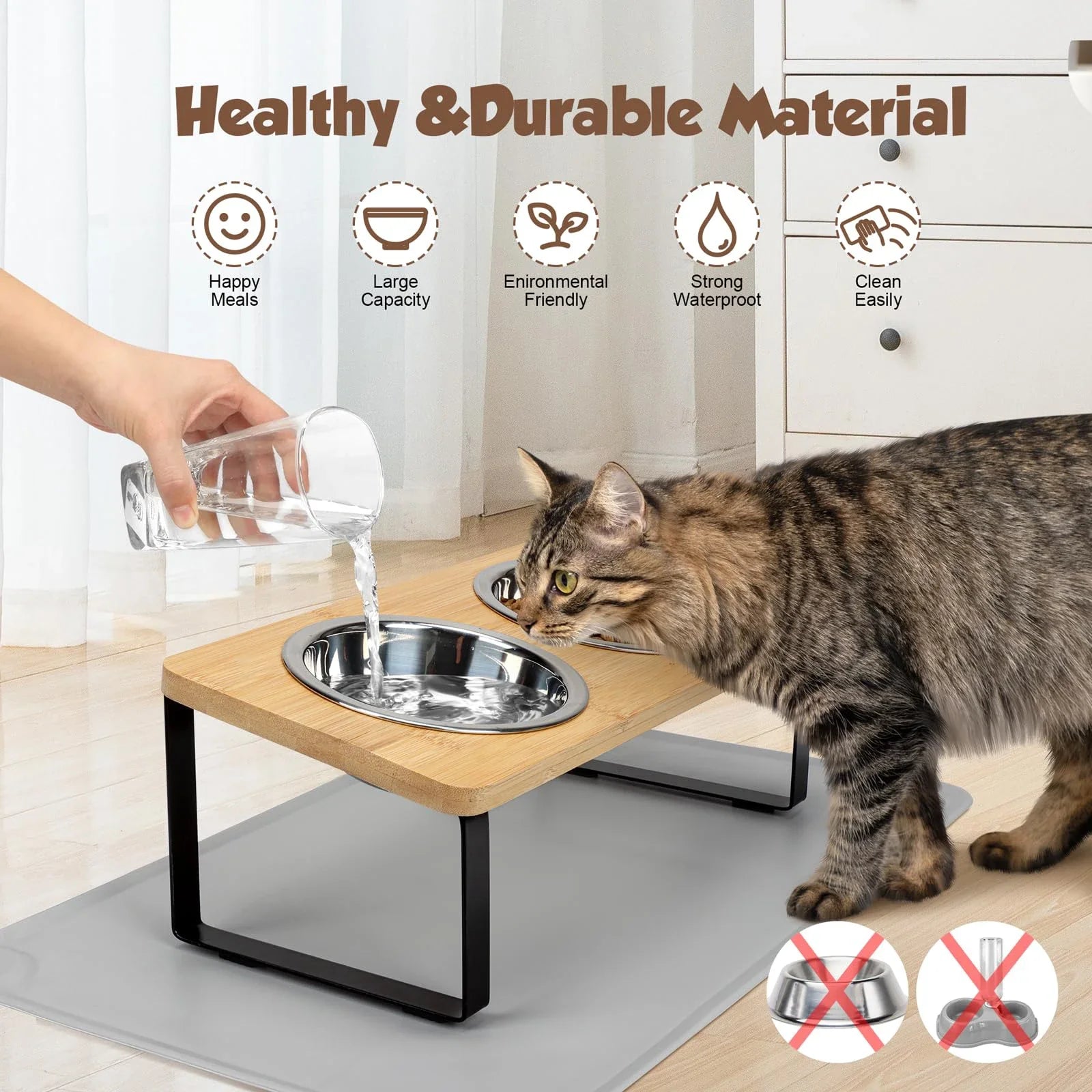 Tilted Stainless Steel Cat Bowls with Wooden Stand